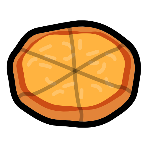 A cheese pizza, drawn in simplistic style with thick black outlines.